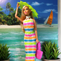 Dress: Halter Long Ocean Wave "Beachcomber" & Hat & Bag - Neon Wave Multi