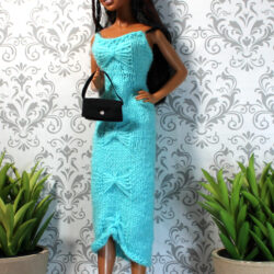 Dress: Ribbon Strap Knit Long Dress & Accessories - Aqua & Black