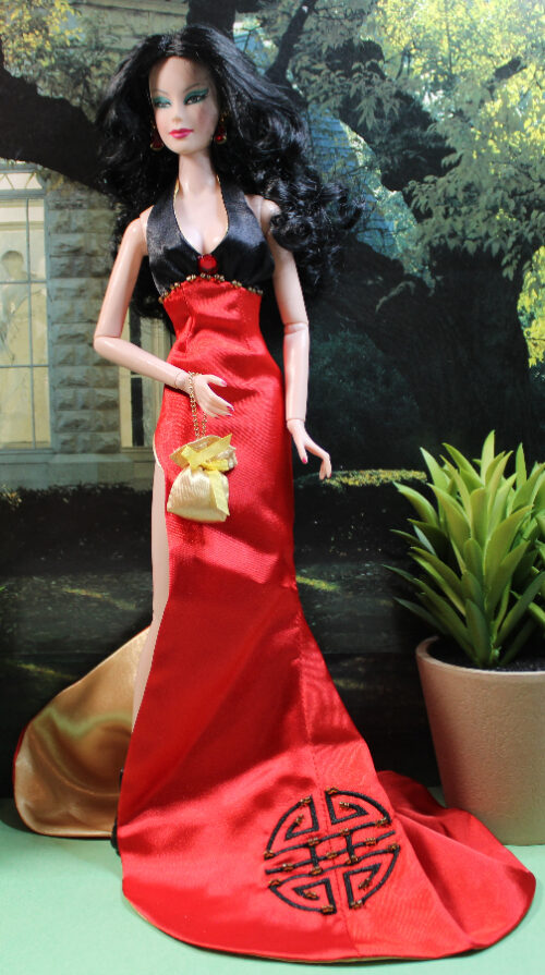 Gown: Side Slit Train - Chinese Red & Black & Gold - Image 2