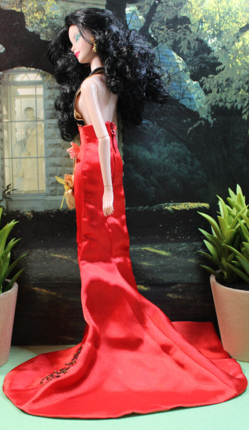 Gown: Side Slit Train - Chinese Red & Black & Gold - Image 3
