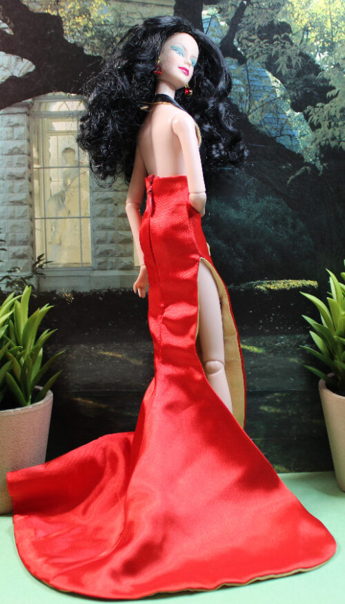 Gown: Side Slit Train - Chinese Red & Black & Gold - Image 4