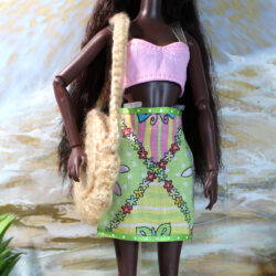 Outfit Set: Mod Pattern Skirt & Pleather Bra Top & Accessories - Green-Pink-Yellow [FREE]