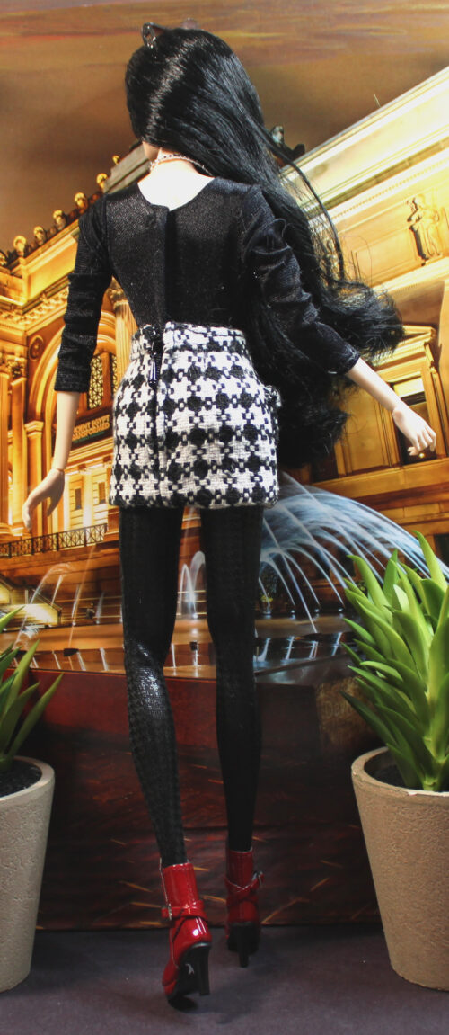 Outfit Combo: Faux Fur Jacket & Unitard Top & Houndstooth Mini Skirt & Tights - Black & White - Image 9