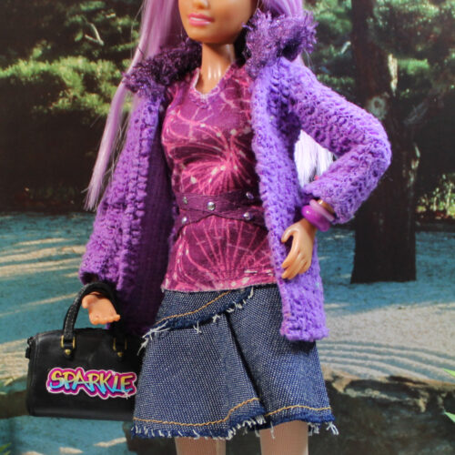 Outfit Combo: Short-Sleeve Tee-Shirt & Faux Fur Jacket & Cross-Layered Skirt - Lavender & Cranberry & Denim