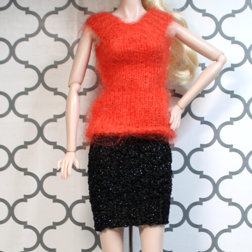 Outfit Combo: Short Mid-Length Skirt & Angora Collar Top - Fiesta Orange & Black Metallic