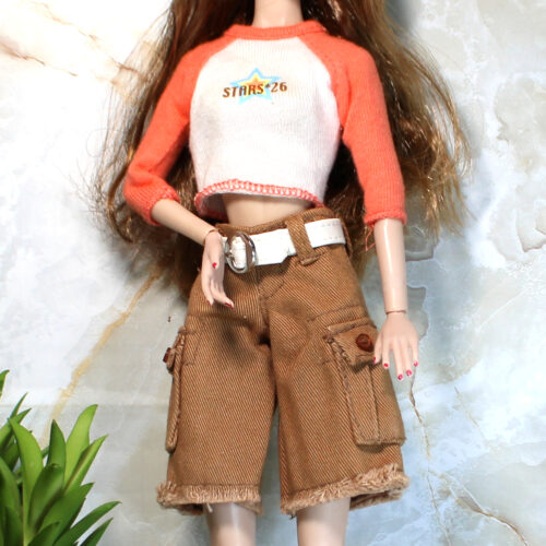 Outfit Set: Raglan Sleeve Tee & Khaki Cutoff Shorts - Peach & Tan