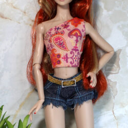 Outfit Set: Single-Strap Paisley Top & Denim Shorts - Peach Multi