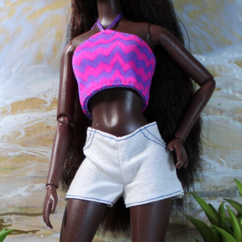 Outfit Set: Reversible Crop Halter Top & Cotton Shorts - Purple-Hot-Pink & White