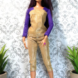 Outfit Set: Metallic Stretch Raglan Top & Capris & Shoes - Gold & Purple