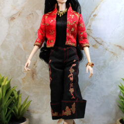 Outfit Set: Mandarin Jacket & Cuffed Culottes "Drew Fashion Fever" /2004 H0654 - Chinese Red Brocade & Black