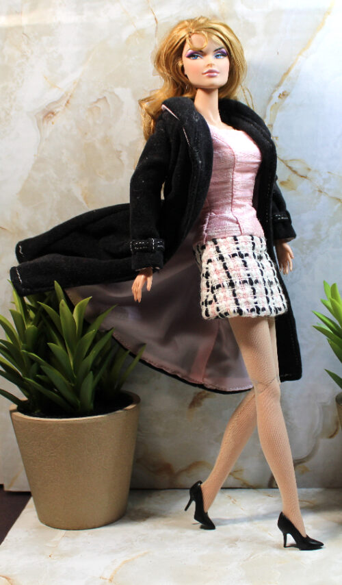 Outfit Set: Lined Overcoat Jacket & Mini-Length Dress - Pale Pink & Charcoal/Black - Image 2