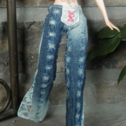 Pants: Jeans Wide-Leg Lace Accent - Distressed Denim