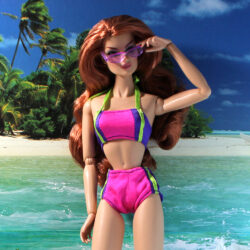 Swimsuit: Two-Piece Color Block Ribbon Halter Ties - Pink-Purple-Lime