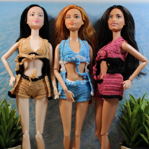 Swimsuit: Three-Piece Bikini & Cover-up Crochet Beachcomber Set - Blue & White