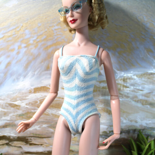 Swimsuit: One-Piece Striped & Straps - Pale Blue & White - Image 2