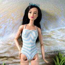 Swimsuit: One-Piece Striped & Straps - Pale Blue & White