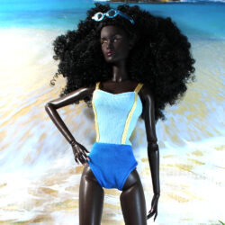 Swimsuit: One-Piece Color Block Ribbon Straps - Light Blue & Dark Blue & Yellow