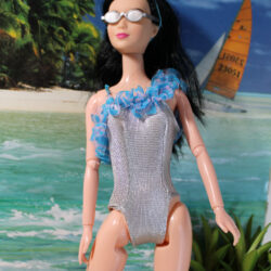 Swimsuit: One-Piece One-Strap Tulle Trim & Elastic Strap - Silver & Aqua-Pink [FREE]