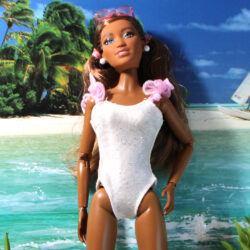 Swimsuit: One-Piece Tulle Trim - White & Pink [FREE]