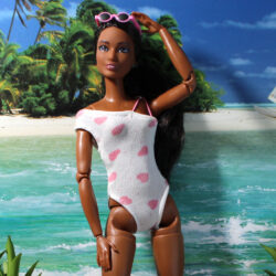 Swimsuit: One-Piece One-Strap & Elastic Straps - White & Pink Hearts [FREE]