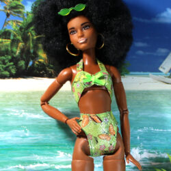 Swimsuit: Two-Piece Halter Lamé - Metallic Lime Green Print