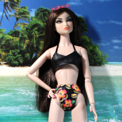 Swimsuit: Two-Piece Ribbon Halter Ties - Black & Orange Floral Print