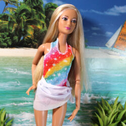 Swimsuit: One-Piece Halter Strap & Wrap - Rainbow Stripe Pattern & White