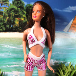 Swimsuit: Two-Piece Halter Strap - White & Metallic Fuchsia Leopard Pattern