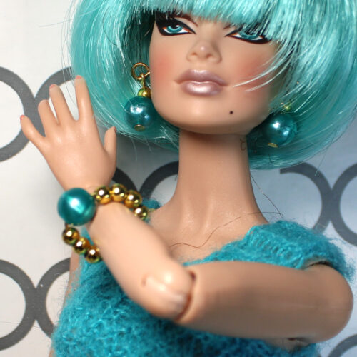 Jewelry: Set Bracelet & Earrings Metal Post Dangle Ball Bead - Turquoise & Gold