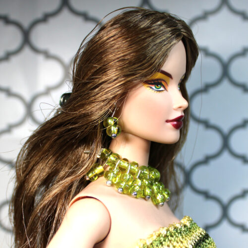 Jewelry: Set Necklace & Earrings Fan/Spray Choker Metal Post Dangle Beads - Warm Green - Image 2