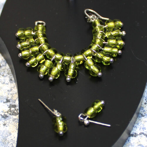 Jewelry: Set Necklace & Earrings Fan/Spray Choker Metal Post Dangle Beads - Warm Green - Image 3