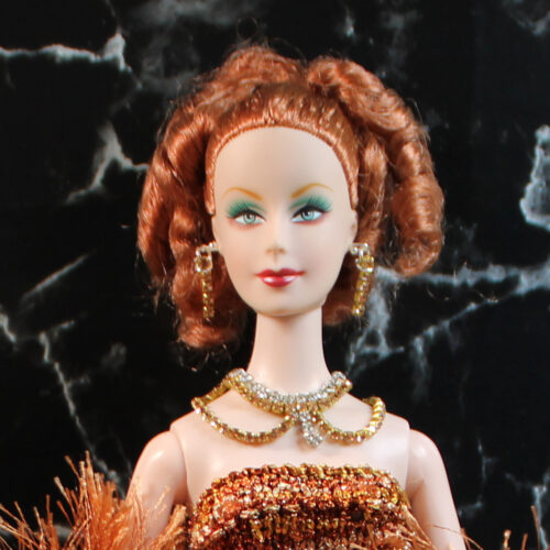 Joe Tai: Ingrid Redhead Curly Updo /~2008 JT-073B - (Dressed: Copper-Gold Gown & Accessories & Stand)