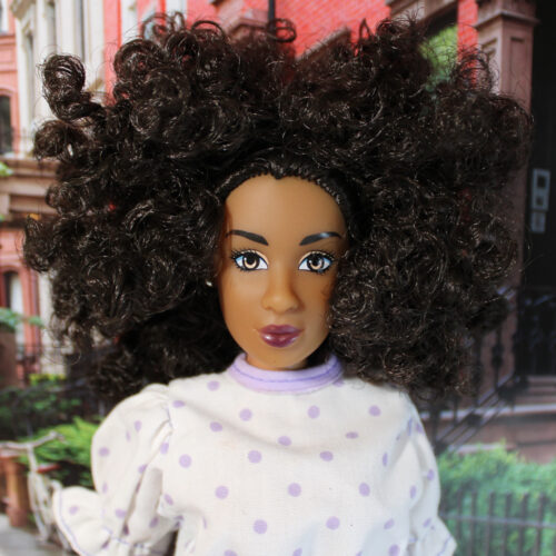 Fresh Dolls: Mia, Tan, Dark Brown Afro Curly Hair "Lavender Dots & Lace" - (Redressed) - Image 2